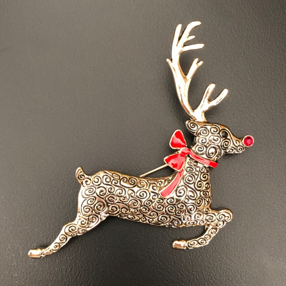 Estate Gold Rudolph The Red—Nosed Reindeer Enameled Brooch Vintage